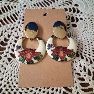 Vintage 80s Cloisonne Earrings Post Back Butterfly Flower Circle Dangle Goldtone
